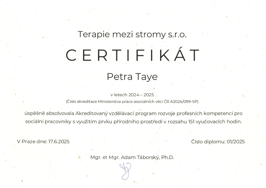 Certifikat Terapie mezi stromy_MPSV